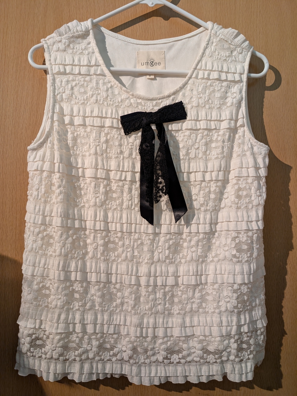 Umgee White Lace Ruffle Tank with Black Bow Accent